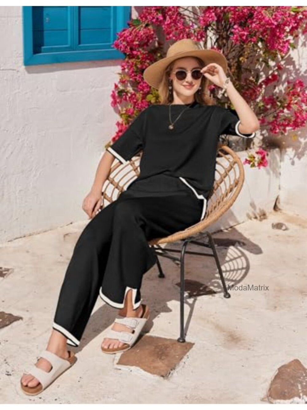 Womens 2 Piece Lounge Set Knit Short Sleeve Top Wide Leg Pants Loungewear